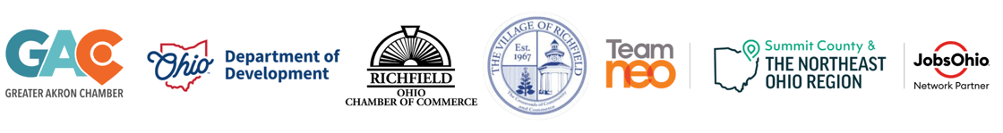 Greater Akron Chamber Logo, Department of Development Logo, Richfield Ohio Chamber of commerce Logo, The Village of Richfield Logo, Team Neo logo, Summit County & The Northeast Ohio Region logo, JobsOhio logo