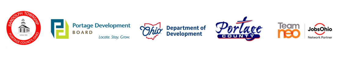 Randolph Township Portage County Ohio logo, Portage Development Board logo, Ohio Department of Development logo, Partage County logo, Team NEO logo, JobsOhio Network Partner logo