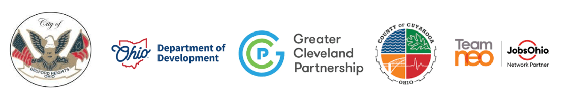 City of Bedford Heights Ohio logo, Ohio Department of Development logo, Greater Cleveland Partnership logo, County of Cuyahoga Ohio logo, Team NEO logo, JobsOhio Network Partner logo