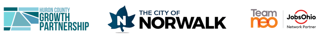 Huron County Growth Partnership logo, The City of Norwalk logo, Team NEO logo, JobsOhio Network Partner logo